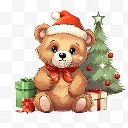 可爱的棕熊图片_可爱的熊与圣诞树和礼物