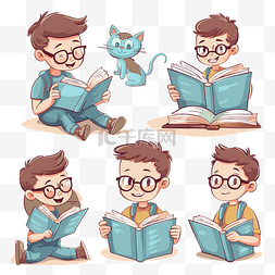 阅读技能剪贴画小男孩看书戴眼镜
