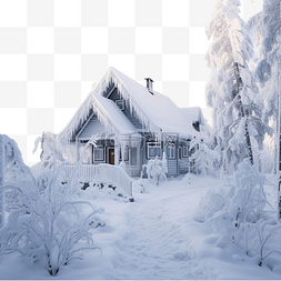 雪景里的树图片_芬兰圣诞节雪冬森林里的房子