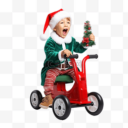 快乐的孩子穿着圣诞服装的孩子骑