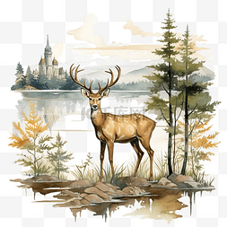 日落湖边图片_湖边的鹿艺术线条插画