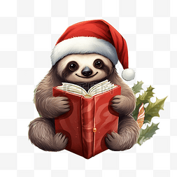 假日看书图片_可爱的卡通圣诞树懒在礼品盒里看