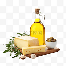 木板油图片_一瓶橄榄油和奶酪
