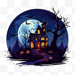 月亮和房子图片_万圣节房子和树在晚上