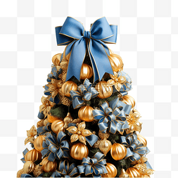 用金球和蓝色蝴蝶结装饰的圣诞树
