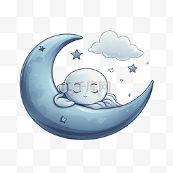 蓝色背景线性图片_睡觉的月亮插画