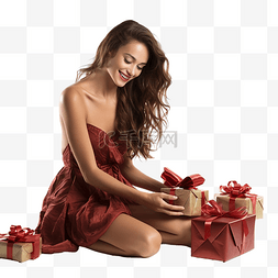 棕色头发的女人图片_喜庆的黑发坐着包装圣诞礼物