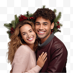 两个恋人图片_一对戴着圣诞花环的订婚年轻夫妇