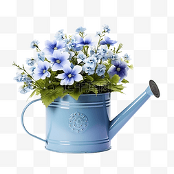 蓝色喷壶与蓝色花朵