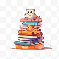 书架剪贴画一叠卡通猫旁边有一叠