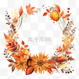 古边框圆形图片_感恩节秋季花环框架，采用水彩花