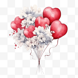 生日贺卡浪漫图片_水彩花束气球和棉花花心形红气球