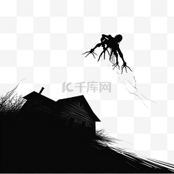 蜘蛛的轮廓挂在网上废弃的房子万