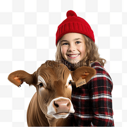 在白色圣诞农场与小牛犊合影的女