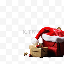 深色木板上的圣诞帽和礼品盒，带
