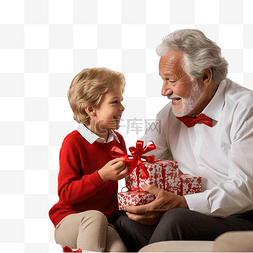 人物场景插画图片_祖父和孙子在客厅里用树庆祝圣诞