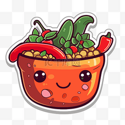 一碗辣椒和蔬菜，带有卡通图像剪