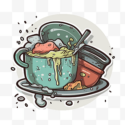 脏的盘子图片_盘子上有汤锅和勺子的杯子的矢量