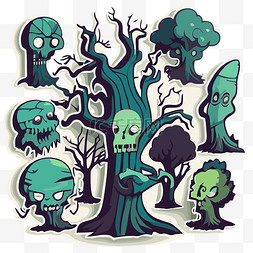 树木贴纸图片_卡通僵尸树与头骨和树木剪贴画 