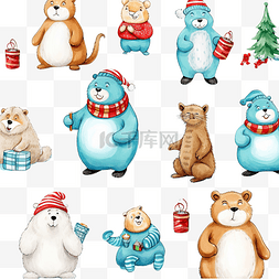 玩耍的北极熊图片_为圣诞节绘制无缝图案有趣的动物
