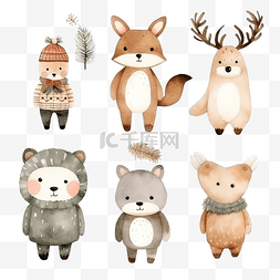 林地动物和圣诞装饰的水彩插图集