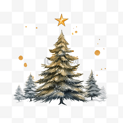 房子装饰图片_景观森林圣诞树和冬雪中的金色星