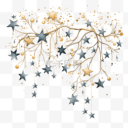 快乐圣诞贺卡，有树枝和金色星星