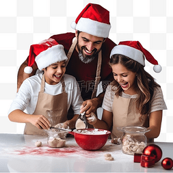 厨房面粉图片_戴着圣诞帽的节日家庭在厨房里玩