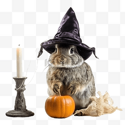 万圣节兔子戴着巫婆帽子，有蜡烛