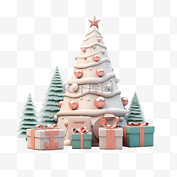 雪粘土插图下的圣诞树和礼品盒