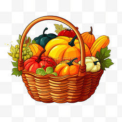 矢量秋天的插画图片_感恩节篮子与秋季南瓜矢量平面图