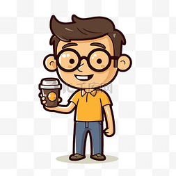 咖啡店金卡图片_卡通戴眼镜的小家伙咖啡矢量插图