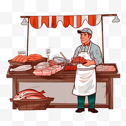 年轻的厨师图片_商人厨师站在切肉鱼鸡并称重出售