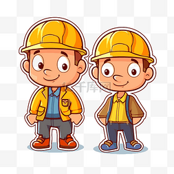 戴着安全帽的工人图片_两个可爱的建筑工人，戴着安全帽