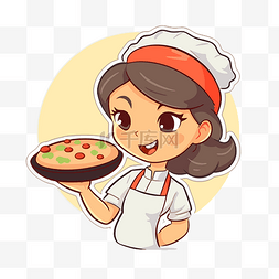 披萨的图片_卡通女孩厨师拿着一盘装满披萨的
