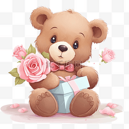 森林鲜花图片_可爱的熊带着礼物和鲜花