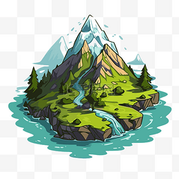 山剪贴画卡通岛，山河环绕，树木