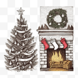 圣诞树壁炉玩具手绘插画