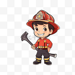安全教育漫画图片_一个穿着消防员制服拿着斧头的男