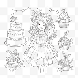 黑色轮廓生日女孩蛋糕花环和植物