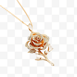玫瑰金吊坠图片_PNG玫瑰和白色珍珠吊坠金链项链