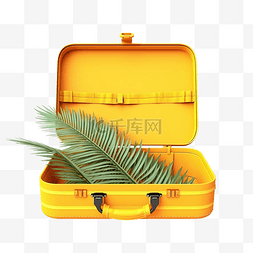黄色打开手提箱空有棕榈叶隔离夏