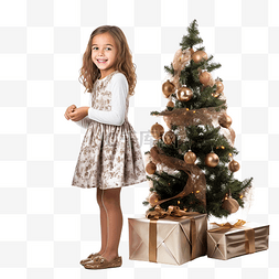 拿着圣诞礼物的快乐女孩站在圣诞