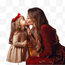 小女孩在圣诞树附近亲吻她的母亲
