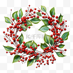 绿叶红叶图片_圣诞花环，树枝上有红色浆果和绿