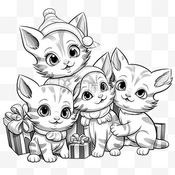 兒童書图片_圣诞节时着色书页上的卡通小猫组