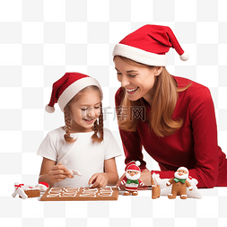 切蛋糕素材图片_母女俩戴着圣诞帽切出圣诞姜饼，