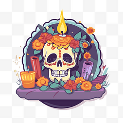 死者头骨和鲜花环绕的蜡烛象征着