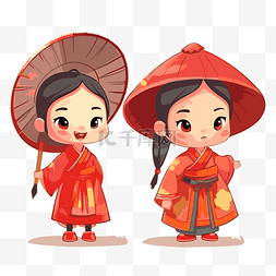 中国剪贴画两个穿着传统服装卡通