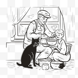 爷爷奶奶我图片_手绘老人喂猫插画涂鸦风格
